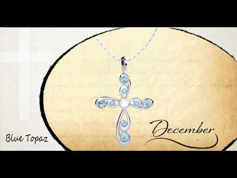 Antique Blue Topaz December Birthstone Cross Pendant - With 18" Sterling Silver Chain