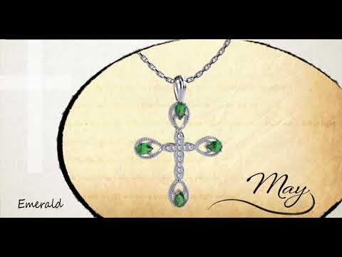 Antique Emerald May Birthstone Cross Pendant - With 18" Sterling Silver Chain