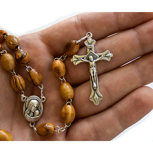 Olive Wood Rosary with Virgin Mary and Jesus Silver Oval Medal and Jerusalem Soil in hand