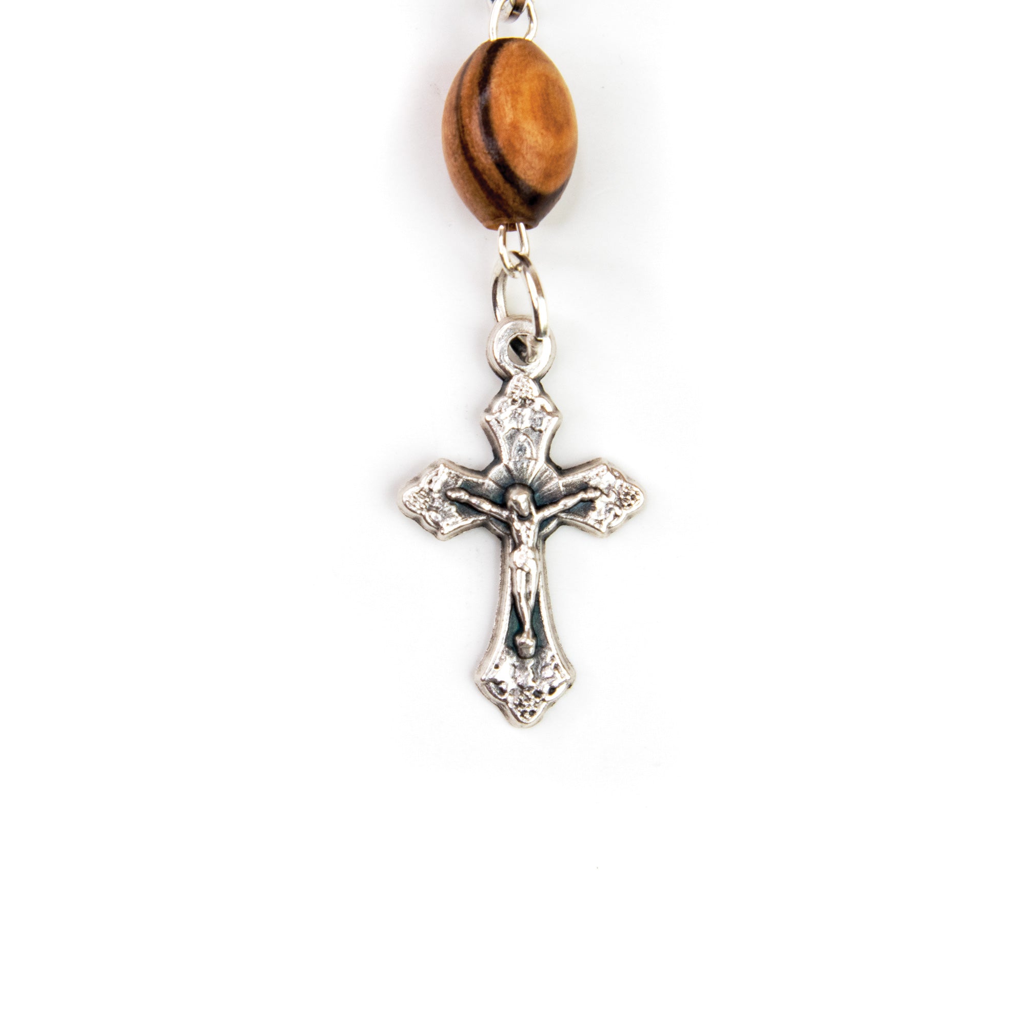 Our Lady of Grace, Holy Land Olive Wood Pocket Auto Rosary, Made in Bethlehem cross detail