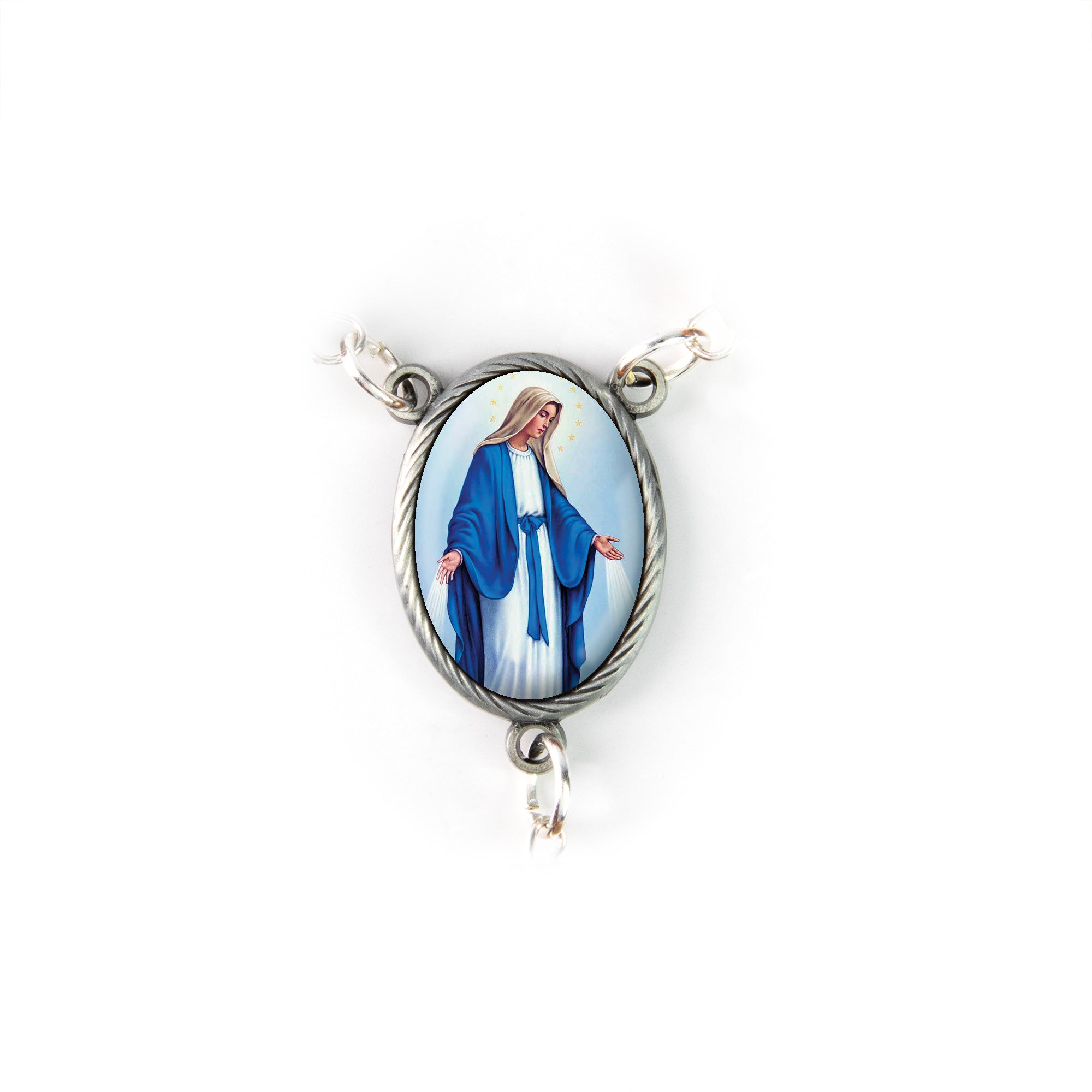 Our Lady of Grace, Holy Land Olive Wood Pocket Auto Rosary, Made in Bethlehem icon detail