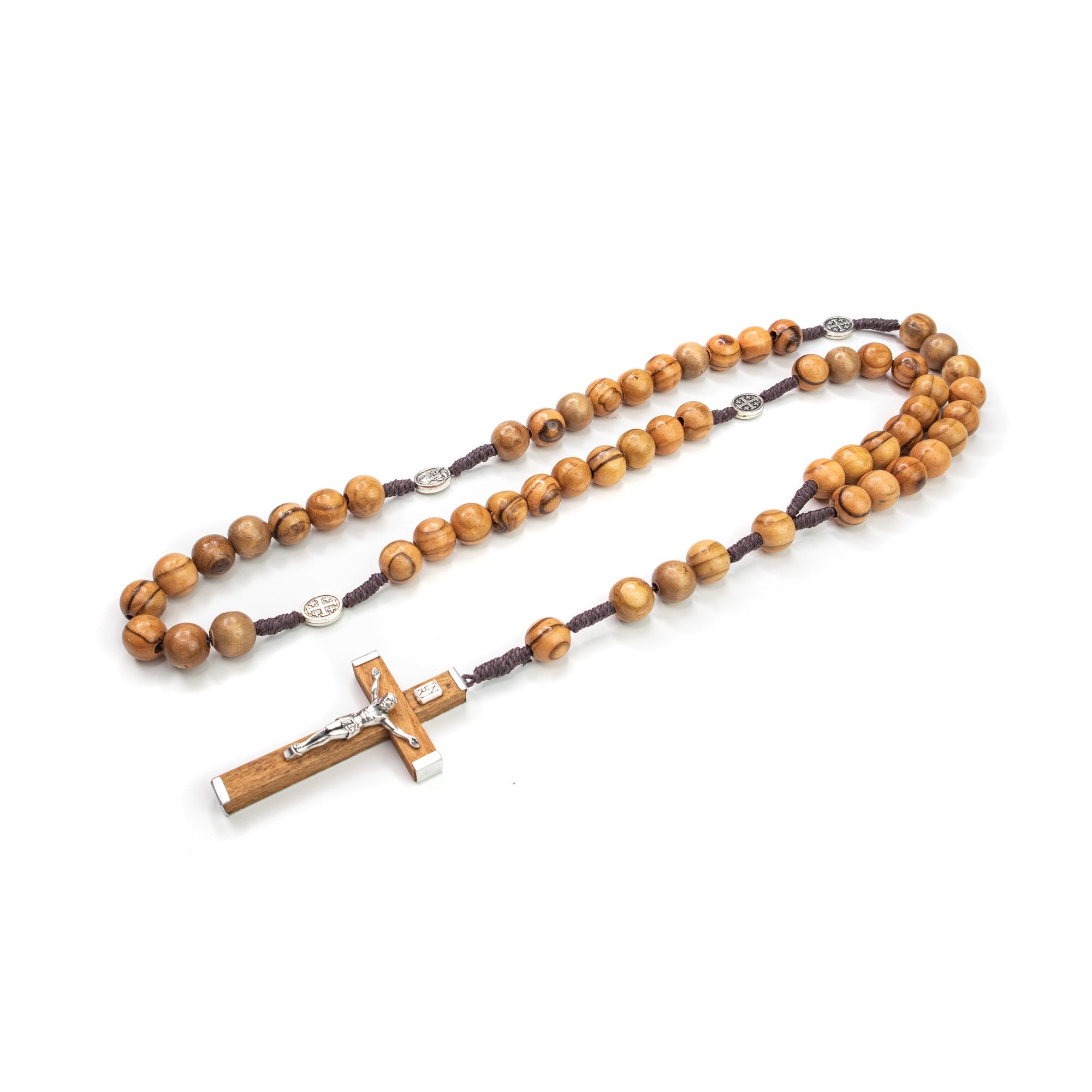 Olive Wood Rope Rosary with Metal Backed Crucifix and Large Beads