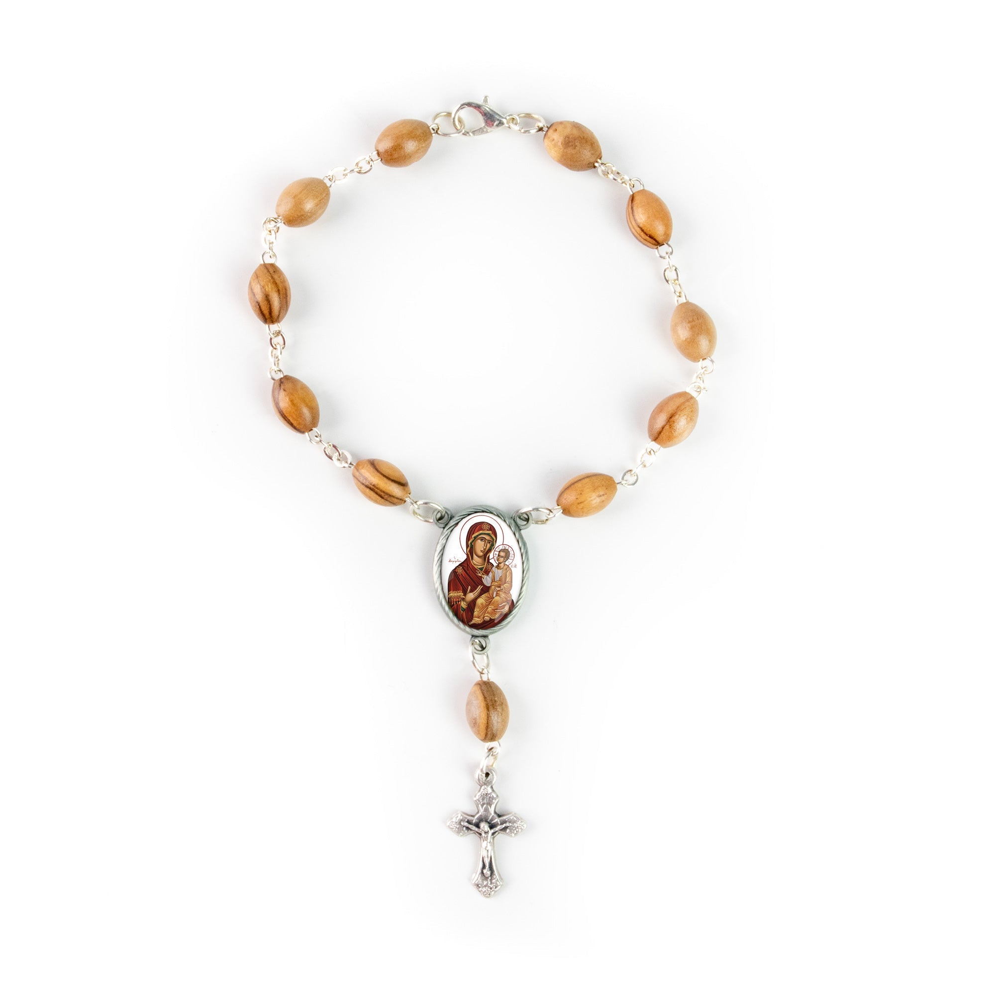 Virgin Mary of Jerusalem Byzantine, Holy Land Olive Wood Pocket Auto Rosary, Made in Bethlehem