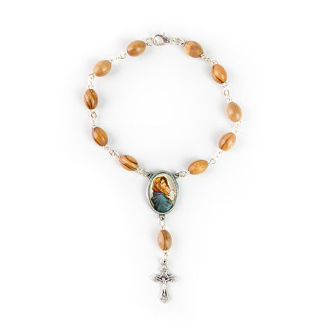Mother Mary and Child Jesus, Holy Land Olive Wood Pocket Auto Rosary, Made in Bethlehem