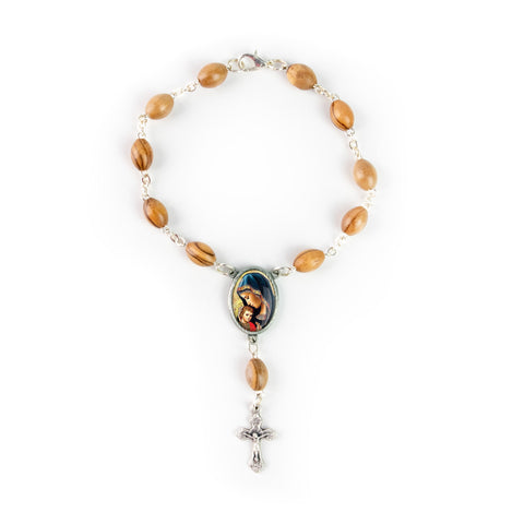 Our Lady of Perpetual Help, Holy Land Olive Wood Pocket Auto Rosary, Made in Bethlehem