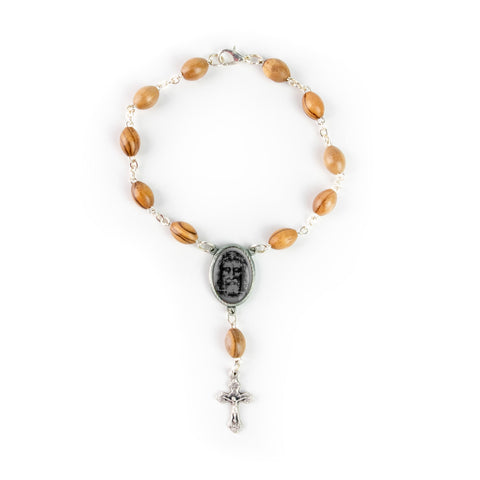 Shroud of Turin (Grey), Holy Land Olive Wood Pocket Auto Rosary, Made in Bethlehem