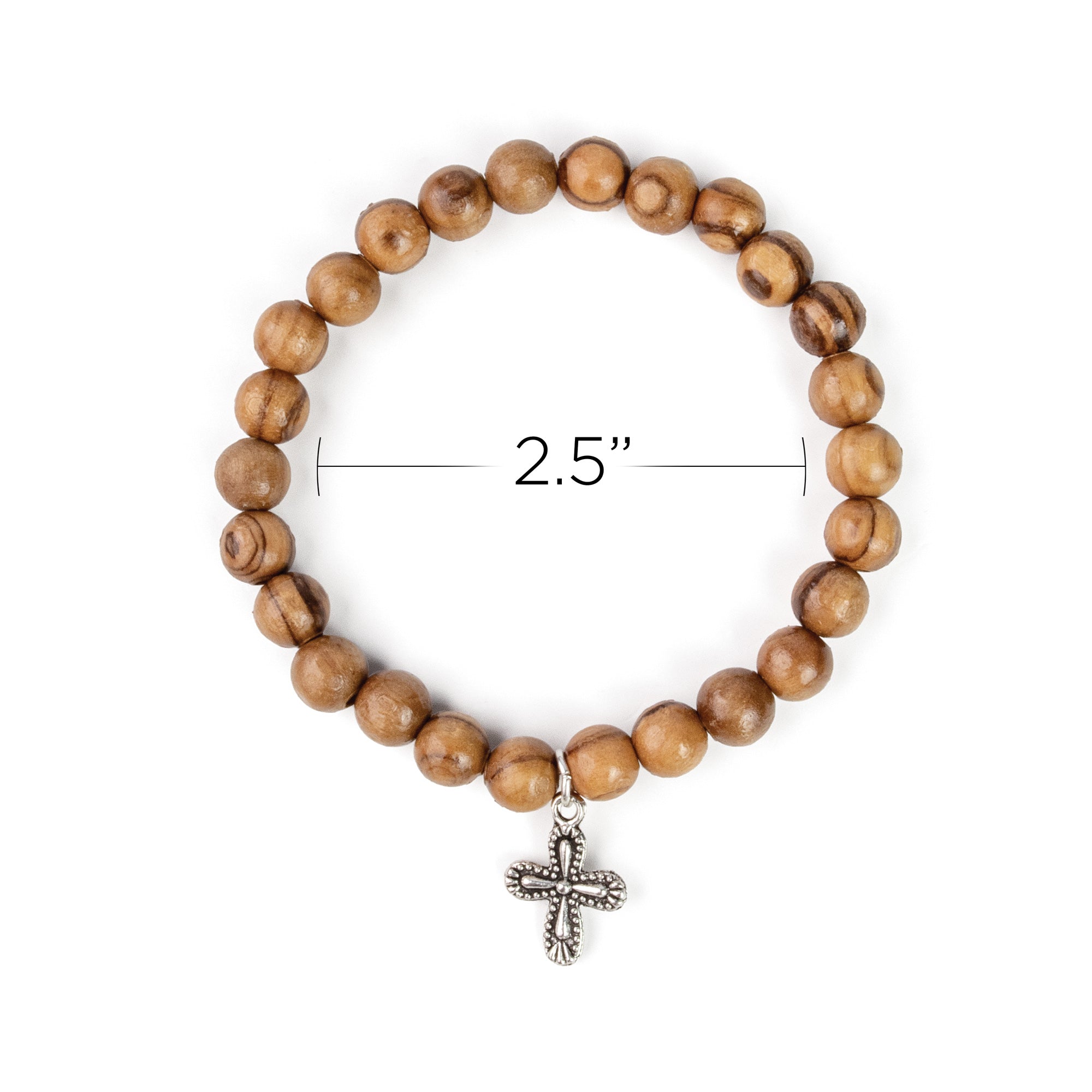 Stretch Bracelet with Olive Wood Beads and Cross Dangle