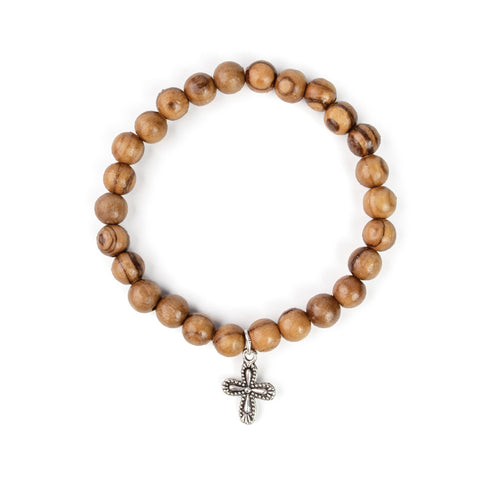 Stretch Bracelet with Olive Wood Beads and Cross Dangle