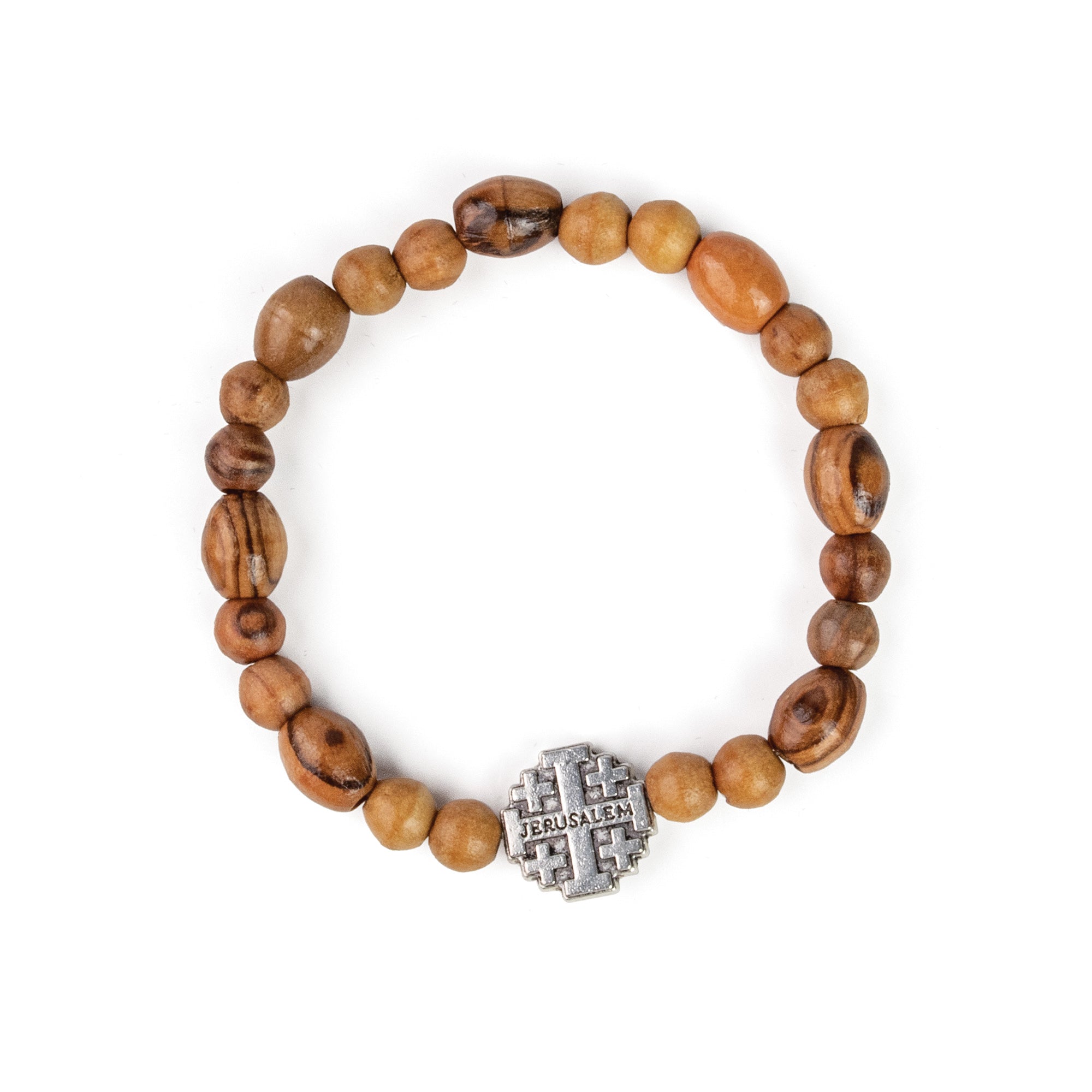 Stretch Bracelet with Olive Wood Beads and Inline Jerusalem Cross