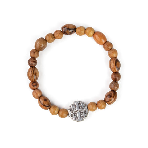 Stretch Bracelet with Olive Wood Beads and Inline Jerusalem Cross