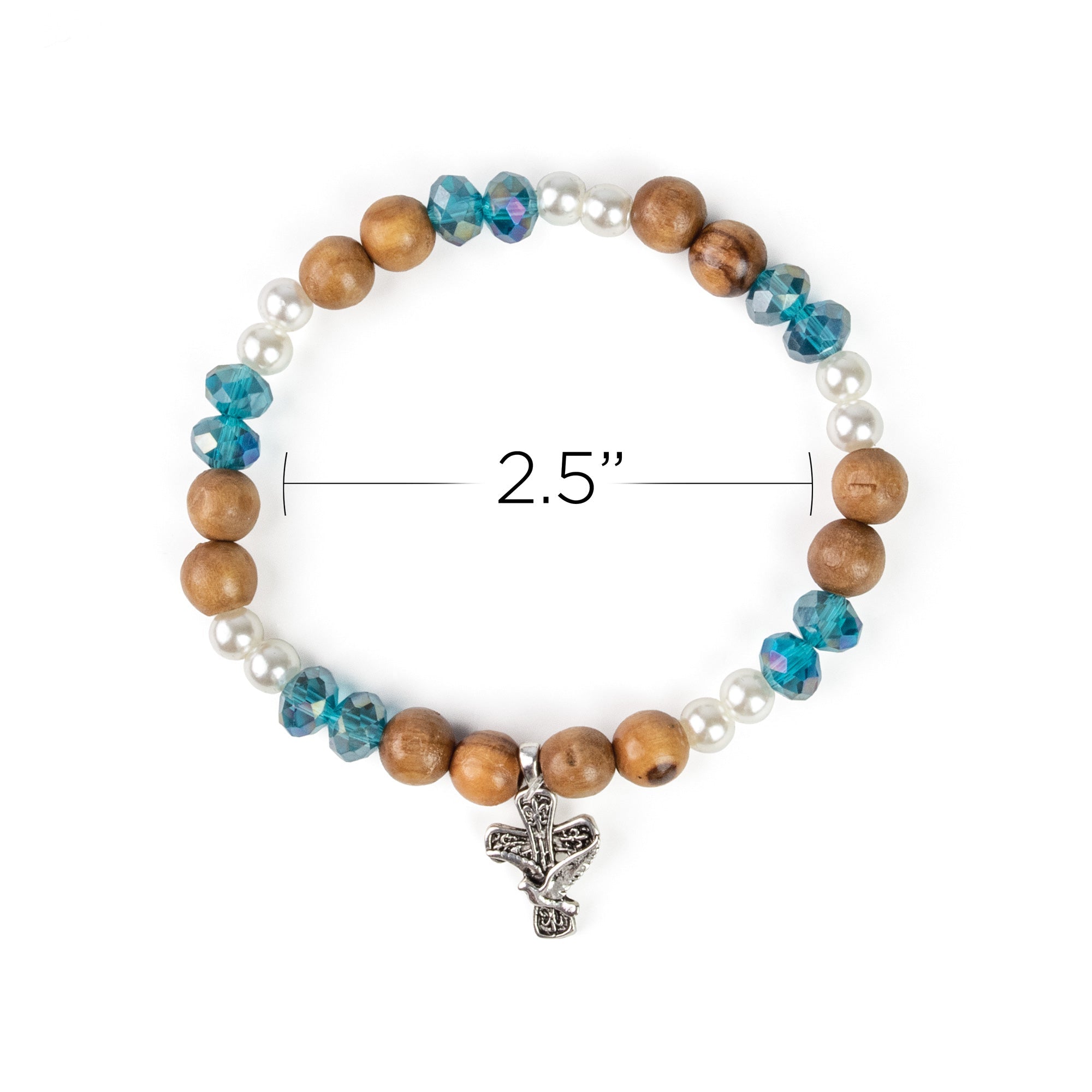 Stretch Bracelet with Grouped Olive Wood, White, and Blue Beads and Cross with Dove Dangle