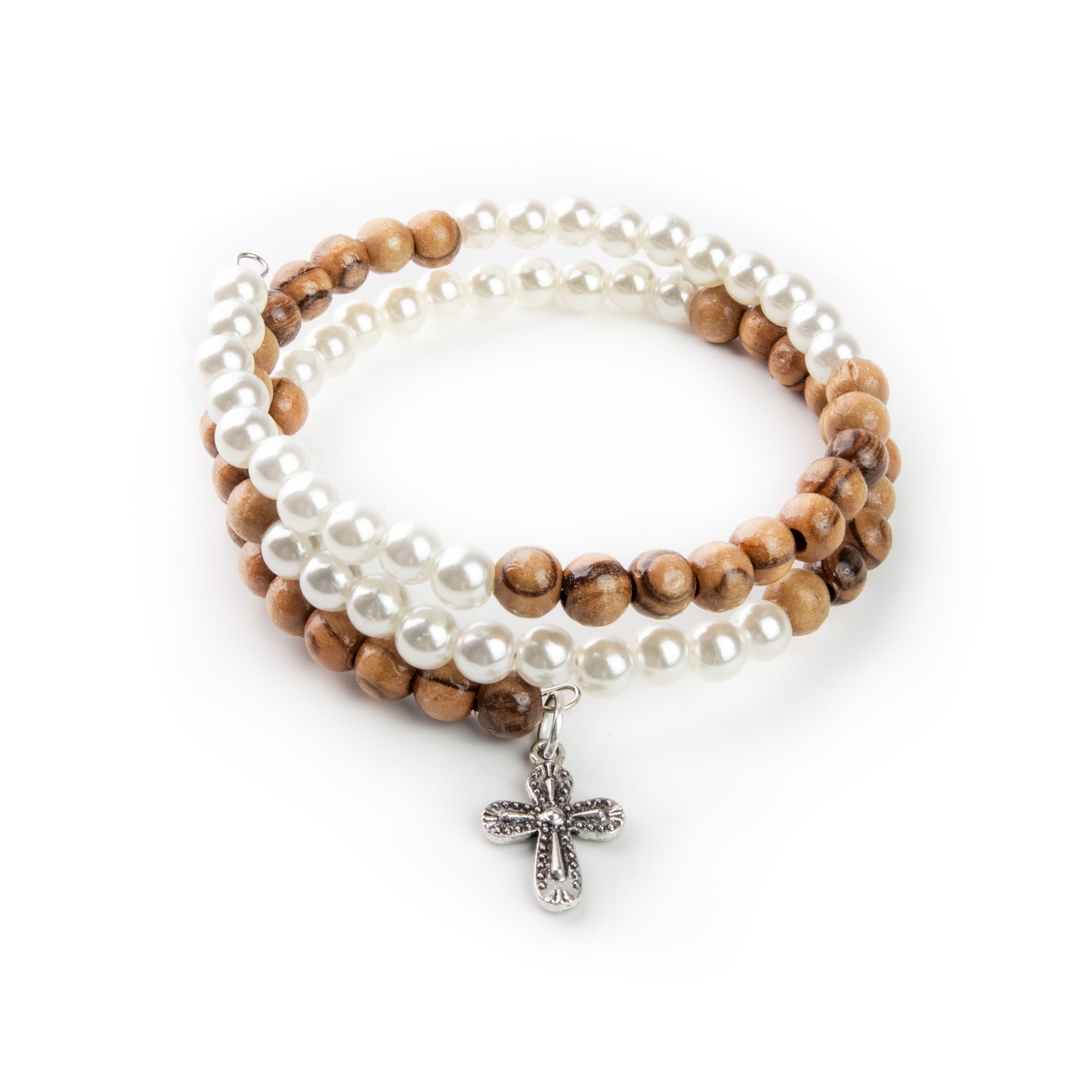 Helix Stretch Wrap Bracelet with Grouped Olive Wood and White Beads and Cross Dangle in Velvet Box