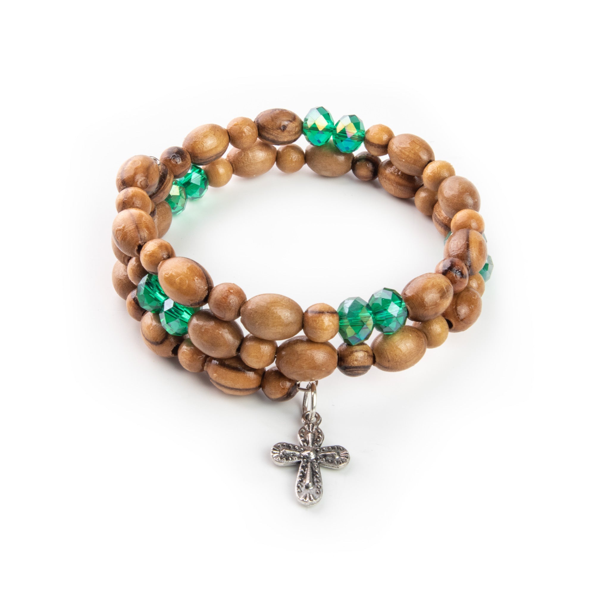 Helix Stretch Wrap Bracelet with Olive Wood and Aqua Beads and Cross Dangle in Velvet Box