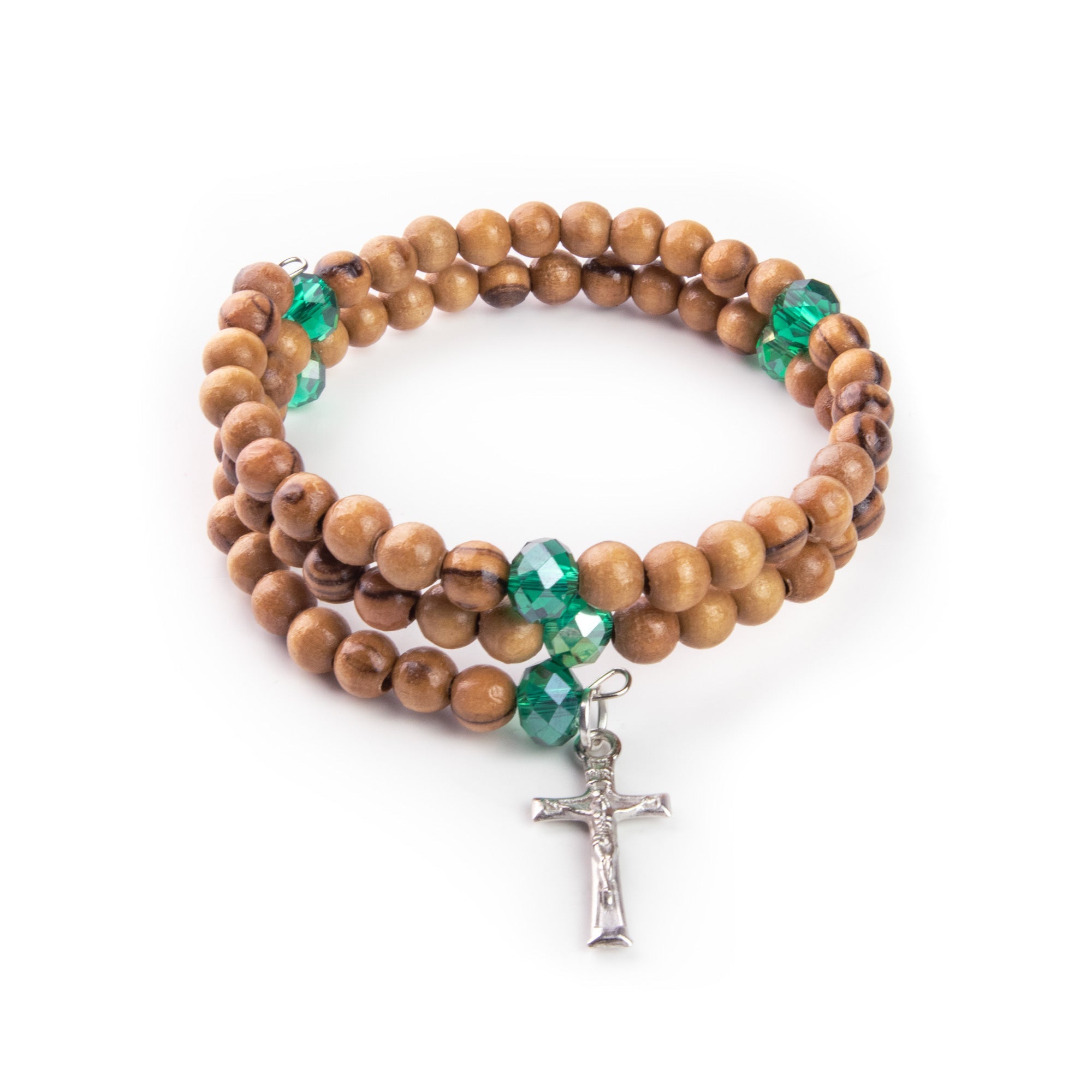 Helix Stretch Wrap Bracelet with Olive Wood and Aqua Beads and Crucifix Dangle in Velvet Box