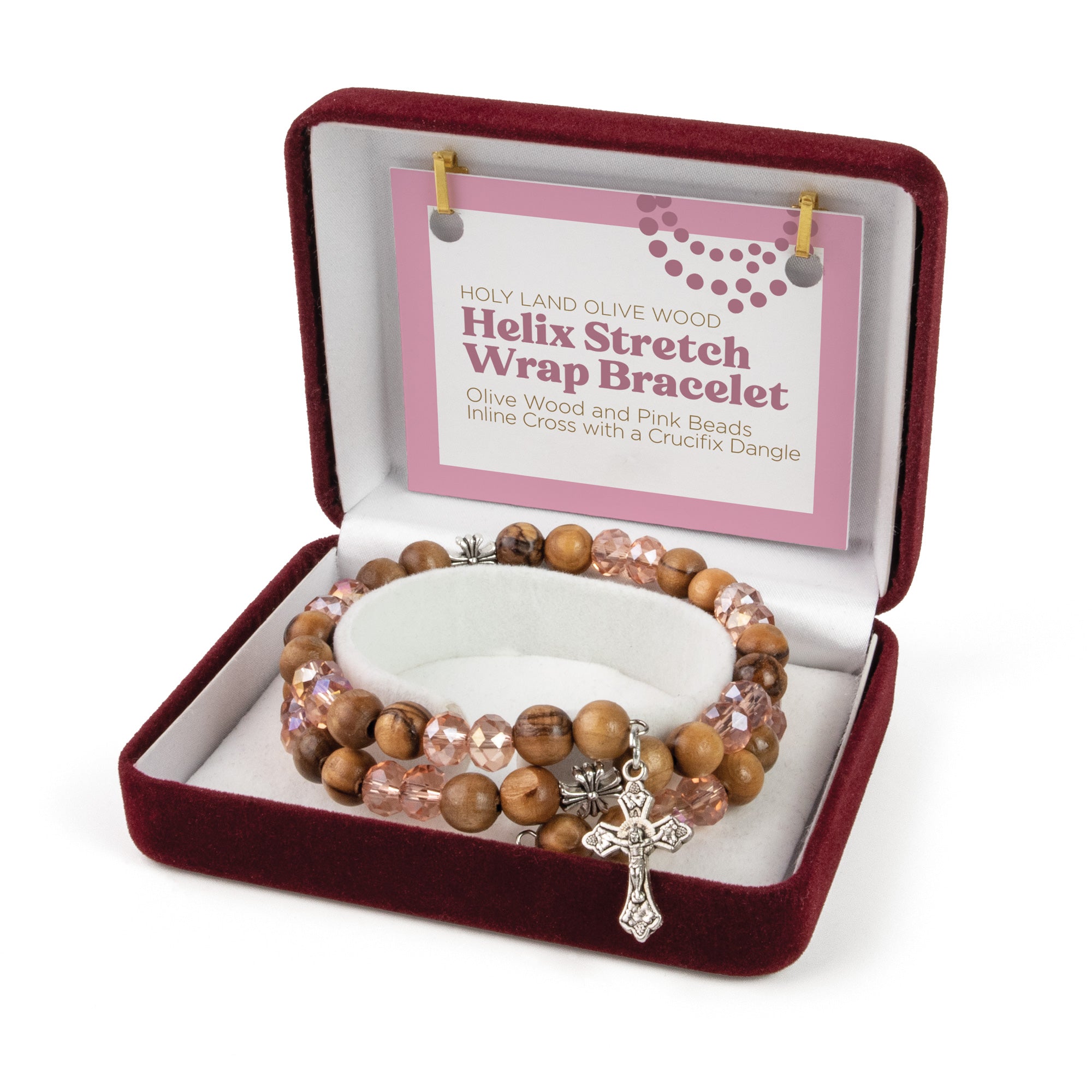 Helix Stretch Wrap Bracelet with Olive Wood and Pink Beads, Inline Cross and Crucifix Dangle in Velvet Box