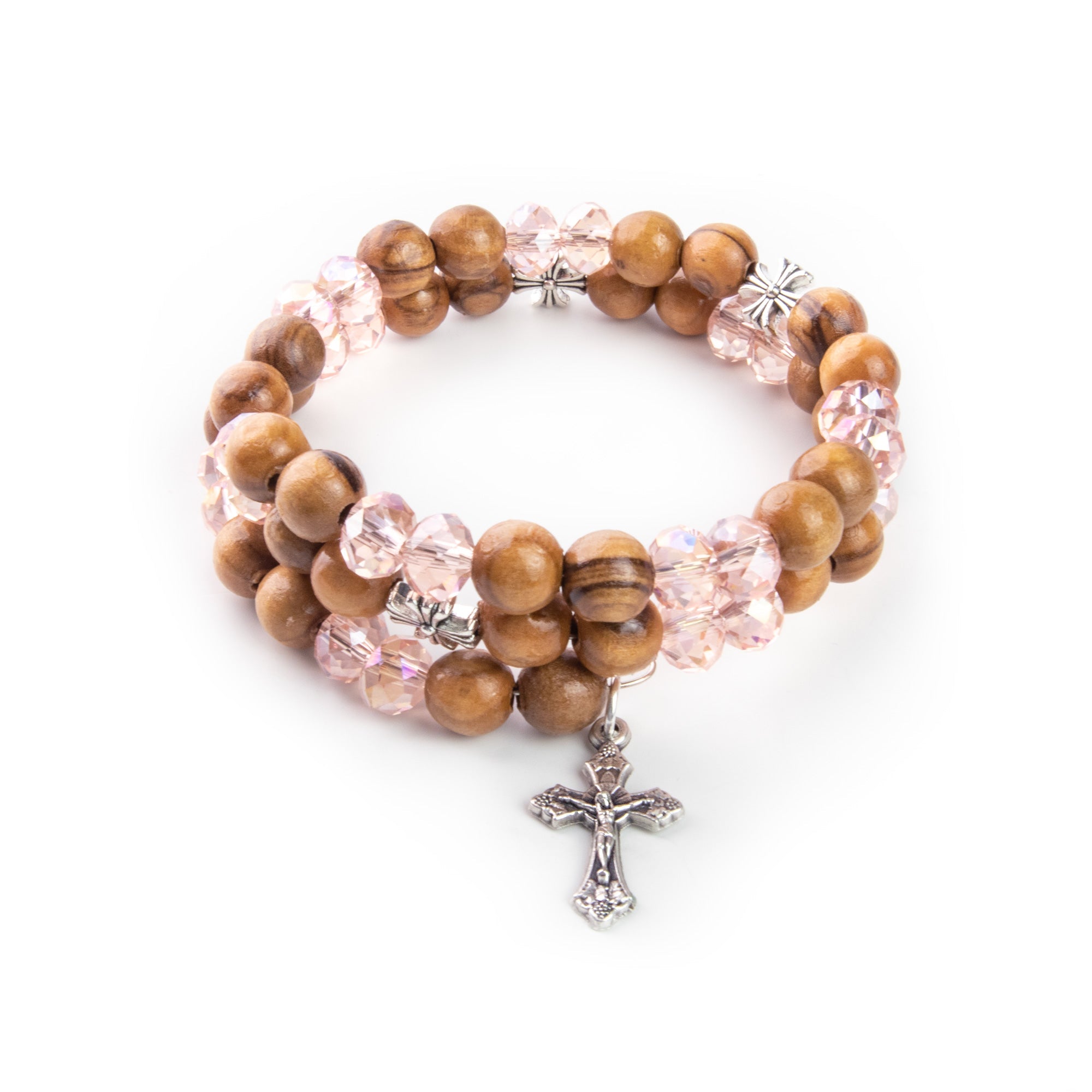 Helix Stretch Wrap Bracelet with Olive Wood and Pink Beads, Inline Cross and Crucifix Dangle in Velvet Box