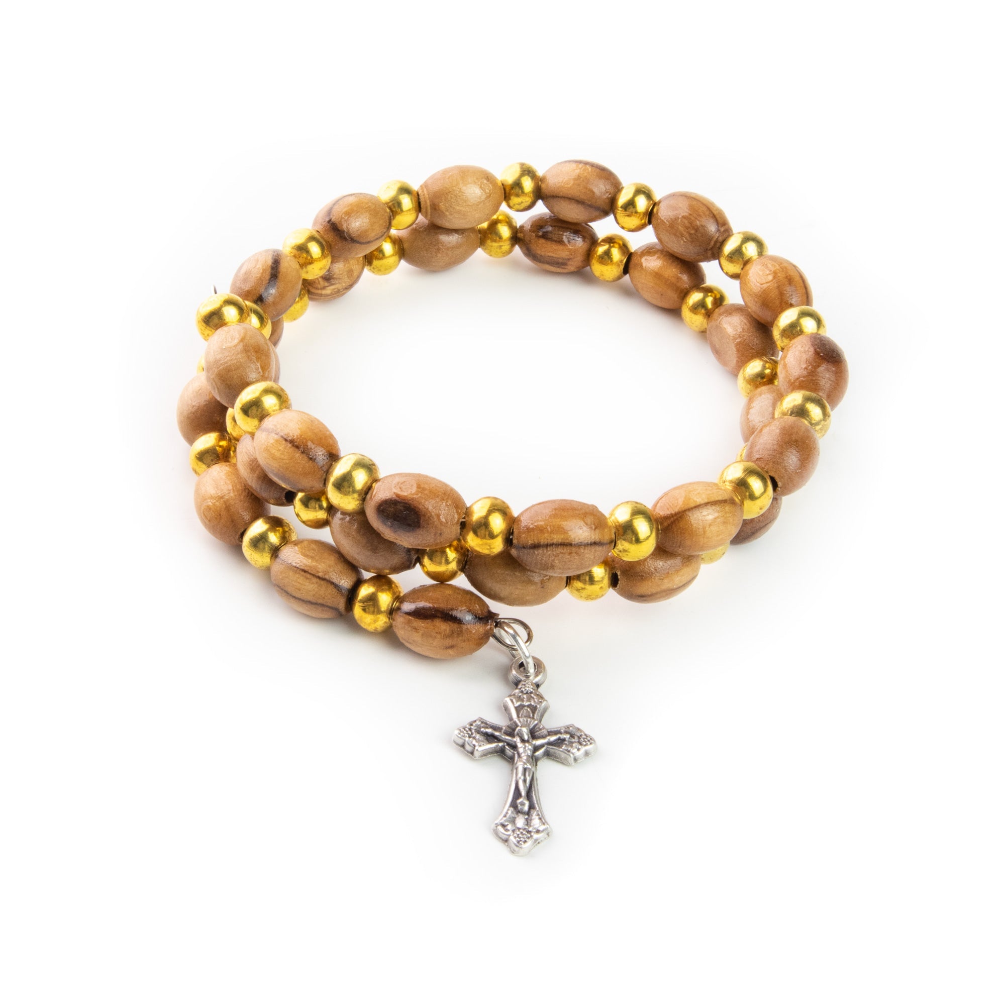 Helix Stretch Wrap Bracelet with Alternating Olive Wood and Gold Beads and Crucifix Dangle in Velvet Box