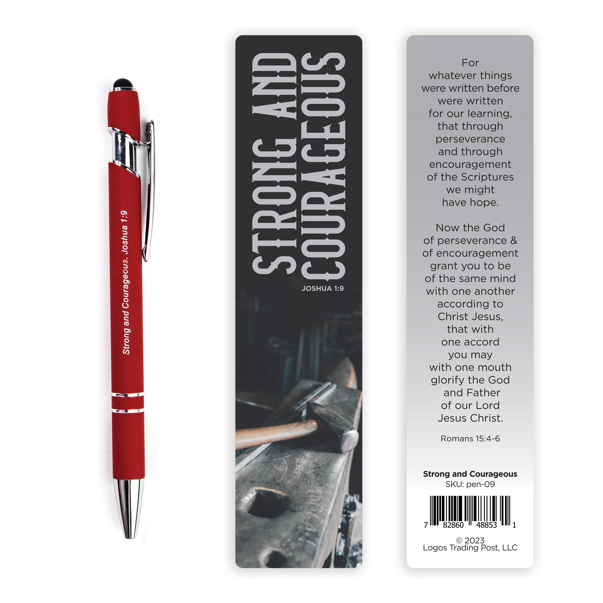 Strong and Courageous Scripture Pen with Stylus and Bookmark - Maroon