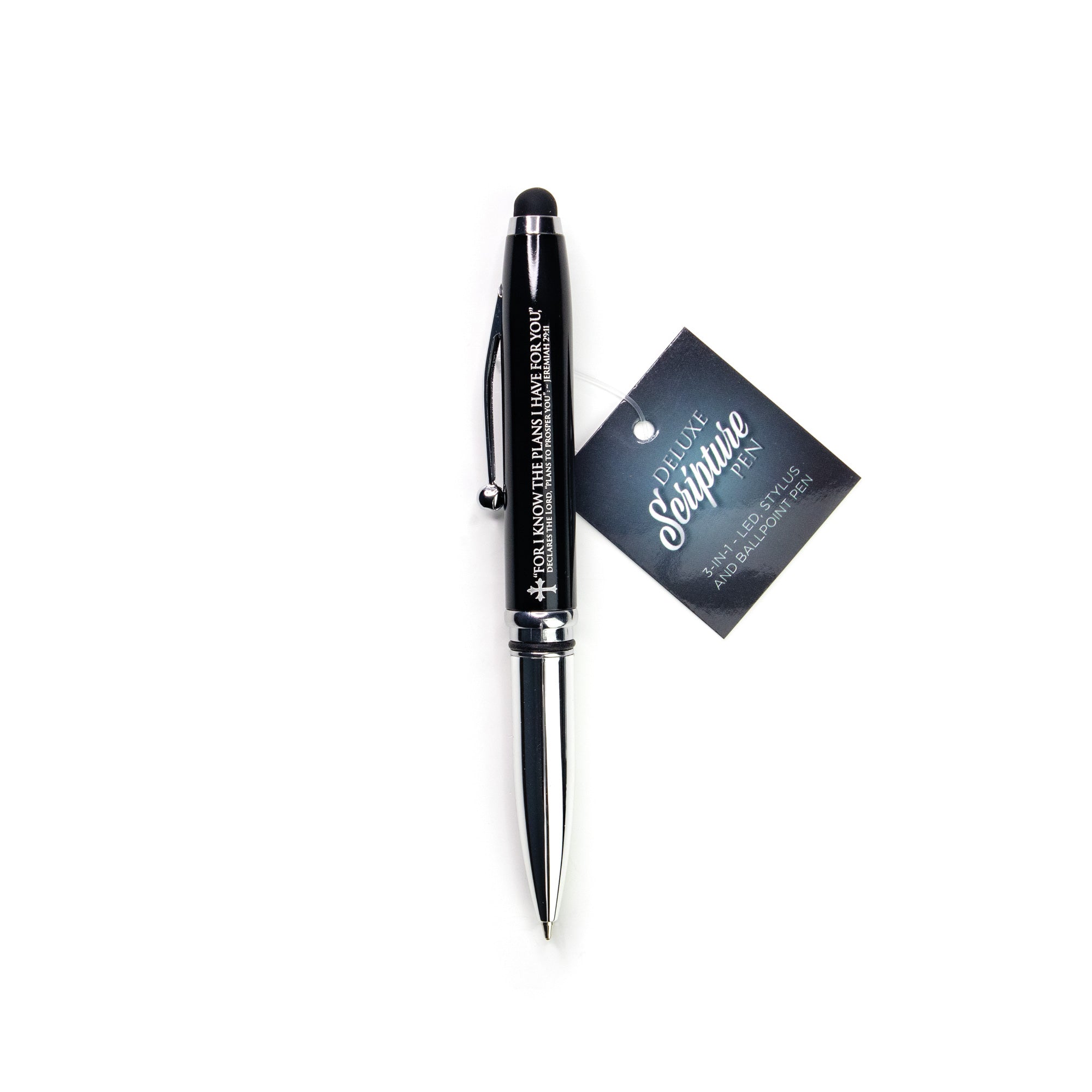 Jeremiah 29:11 Deluxe Scripture Pen with Stylus, LED Light and Scripture Card - Black