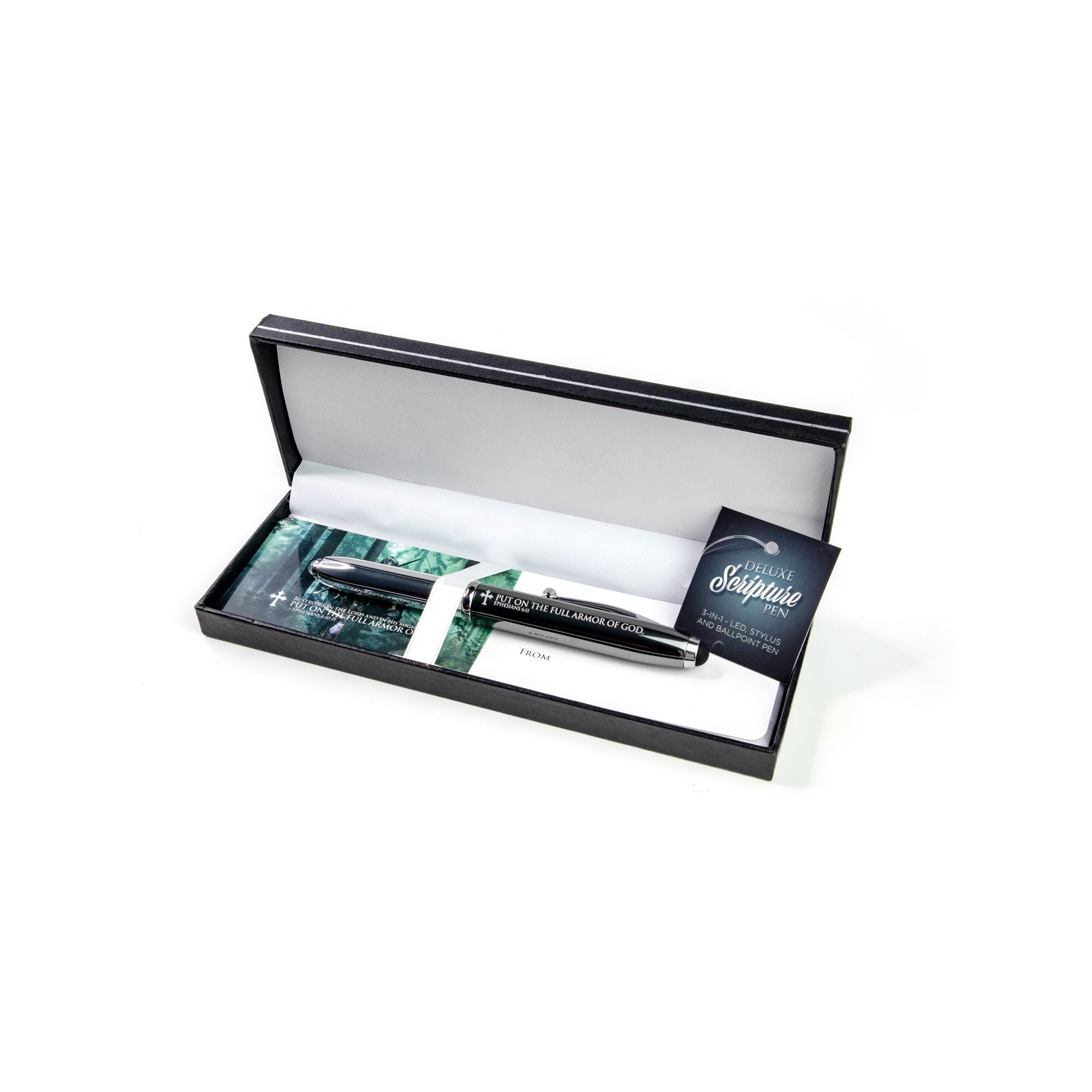 Ephesians 6:10 Deluxe Scripture Pen with Stylus, LED Light and Scripture Card - Silver