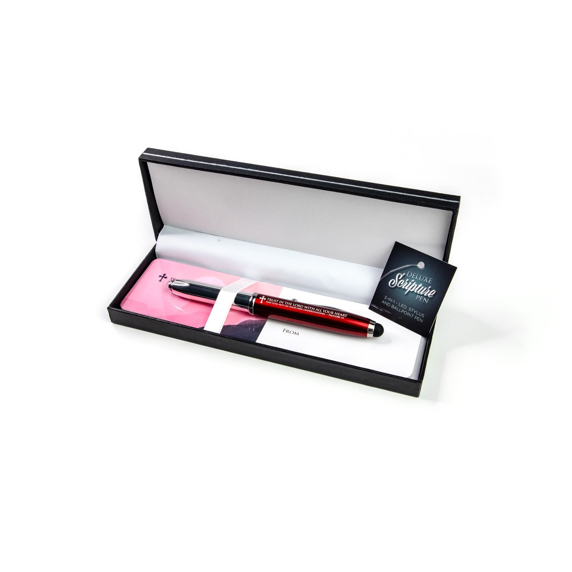 Proverbs 3:5 Deluxe Scripture Pen with Stylus, LED Light and Scripture Card - Red