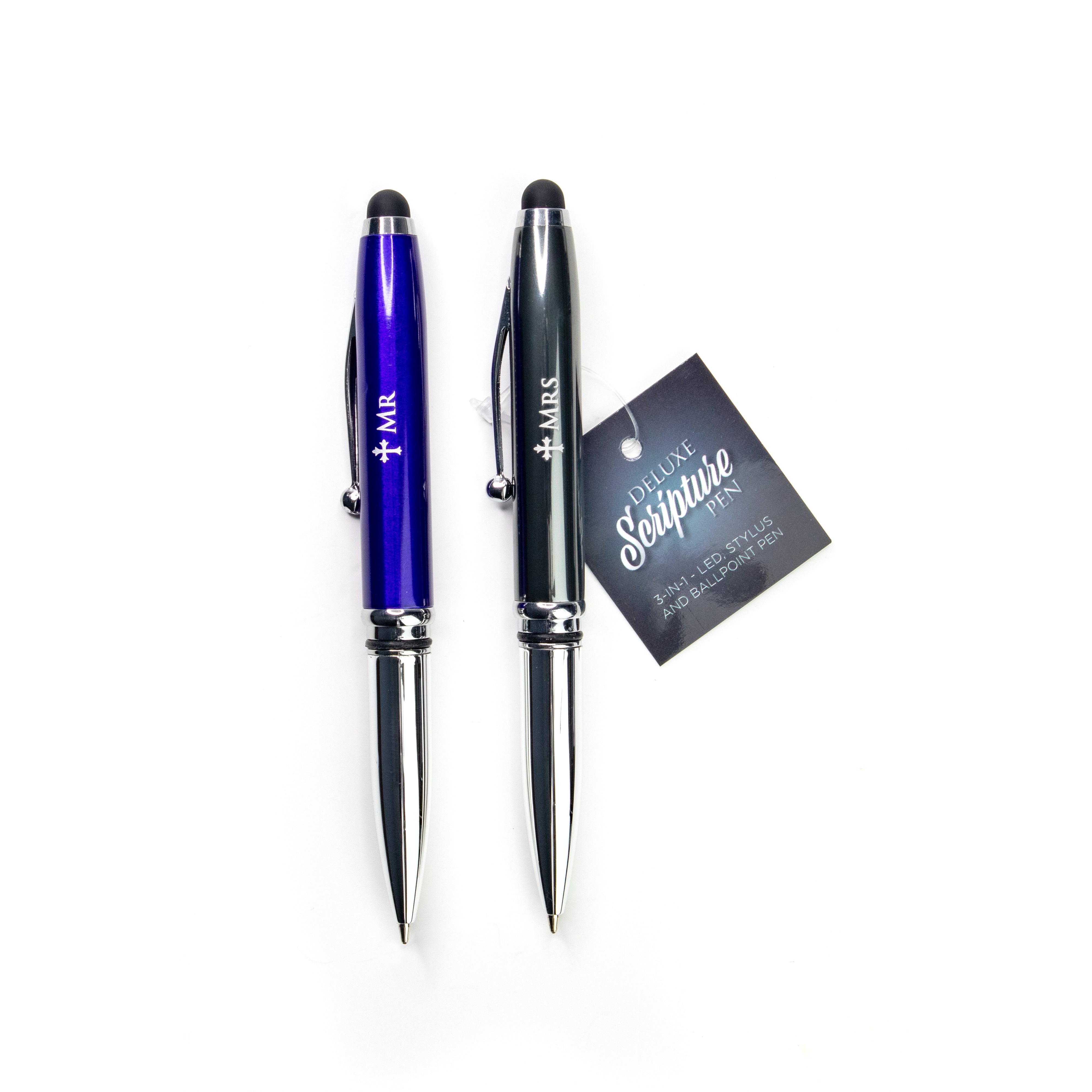 Mr and Mrs Deluxe Scripture Pen with Stylus, LED Light and Scripture Card - Blue and Silver