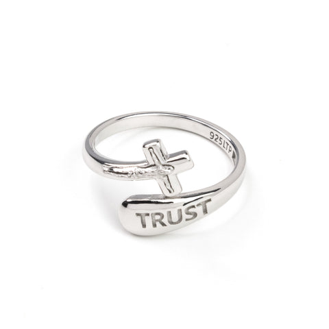 Sterling Silver Wrap Ring - Trust and Crucifix, One Size Fits Most