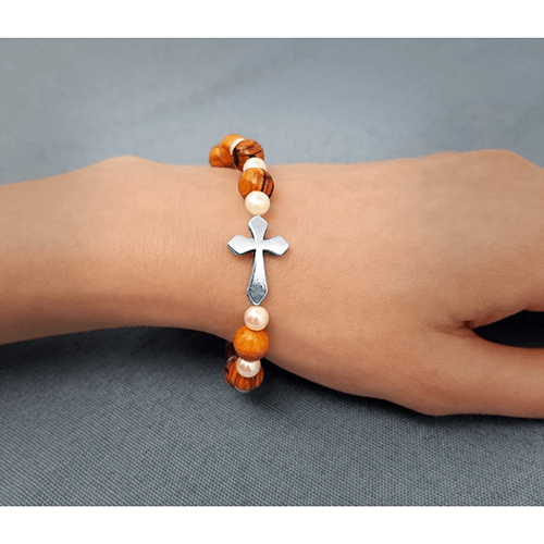 Olive Wood Stretch Bracelet, White Beads and Inlet Cross