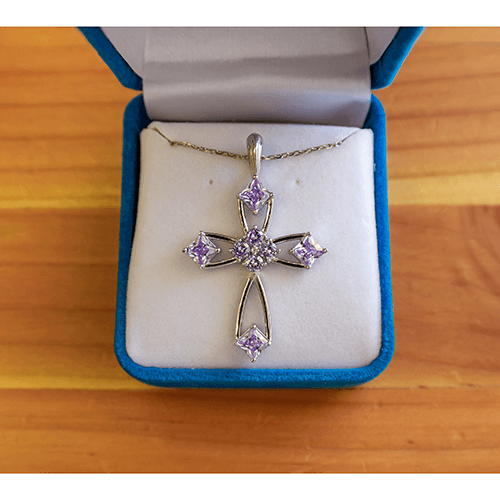 June Alexandrite Antique Birthstone Cross Pendant - With 18" Sterling Silver Chain in velvet box