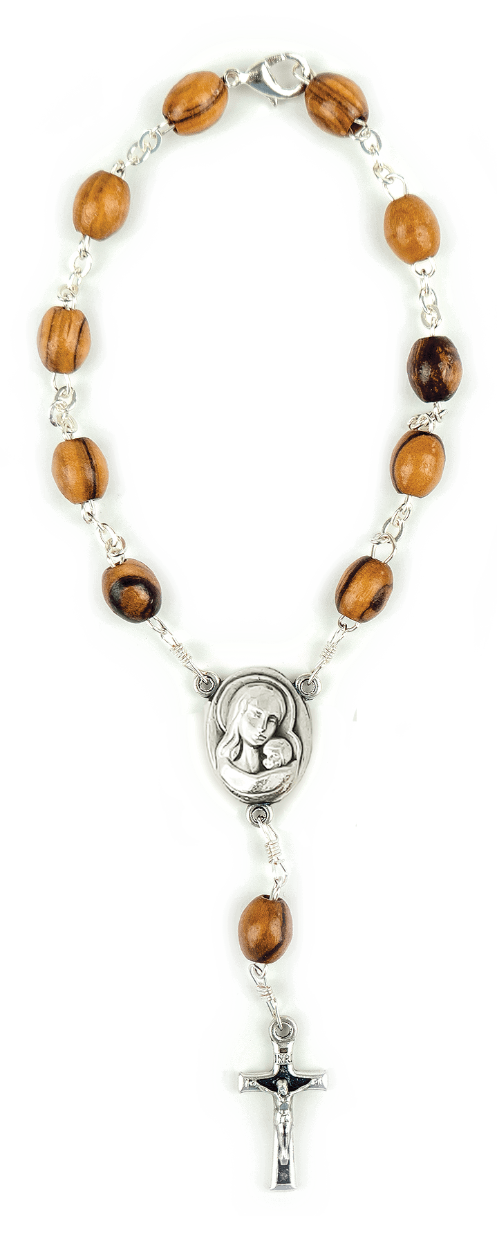 Virgin Mary & Jesus Medal, Car Mirror Rosary with Crucifix and Clasp, One Decade Catholic Charm Bracelet, Holy Land Olive Wood Beads, Religious Car Accessory for Rearview