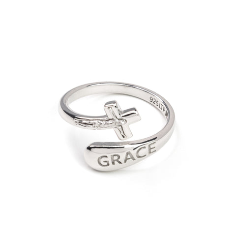 Sterling Silver Wrap Ring - Grace and Crucifix, One Size Fits Most