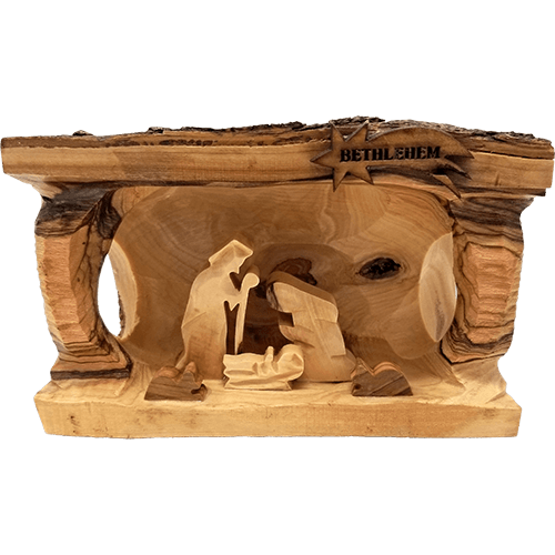 Nativity Grotto Log With Bark 3D Holy Land Olive Wood  - Large- Made in Bethlehem