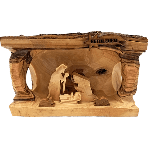 Nativity Grotto Log With Bark 3D Holy Land Olive Wood  - Large- Made in Bethlehem
