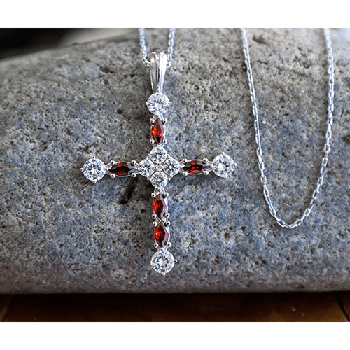 January, Garnet - Antique Birthstone Cross Pendant - With 18" Sterling Silver Chain