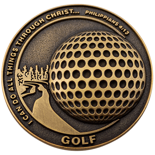 Front: Golf ball on course, with text, "I can do all things through Christ... Philippians 4:13" / "Golf"