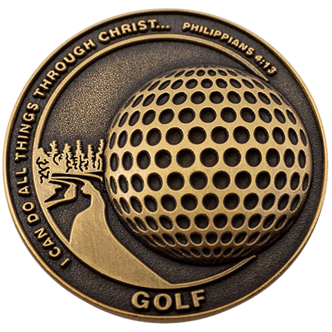 Front: Golf ball on course, with text, "I can do all things through Christ... Philippians 4:13" / "Golf"