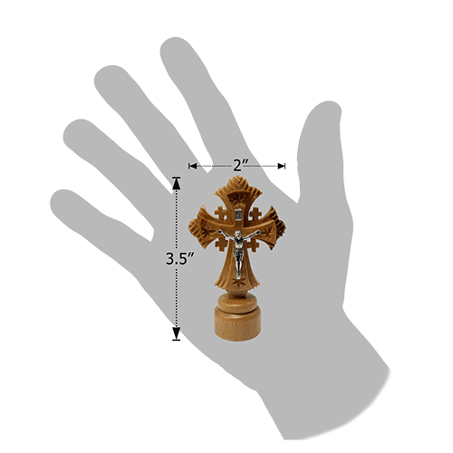Olive Wood Jerusalem Cross Crucifix on Stand - Small