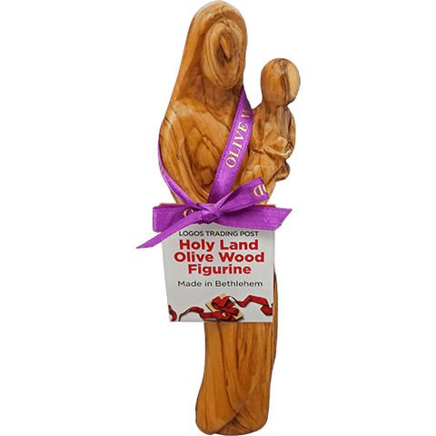 Holy Land Olive Wood Statue - Virgin Mary with Child with purple ribbon