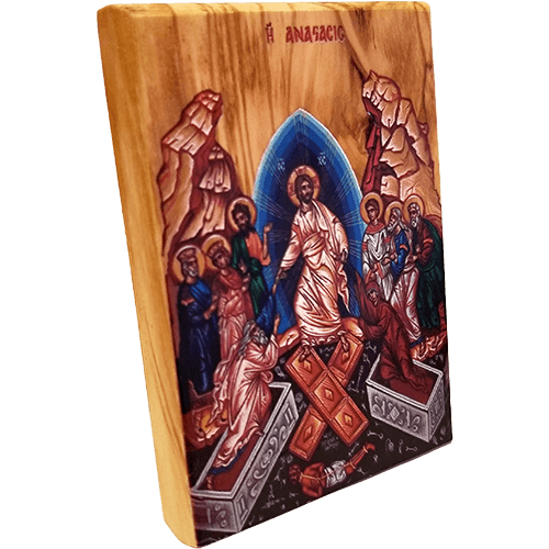 Holy Land Olive Wood Color Icon, the Resurrection of Jesus angled view