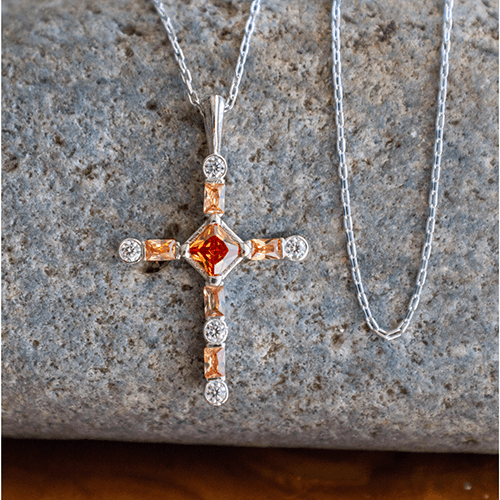 November Citrine Antique Birthstone Cross Pendant - With 18" Sterling Silver Chain