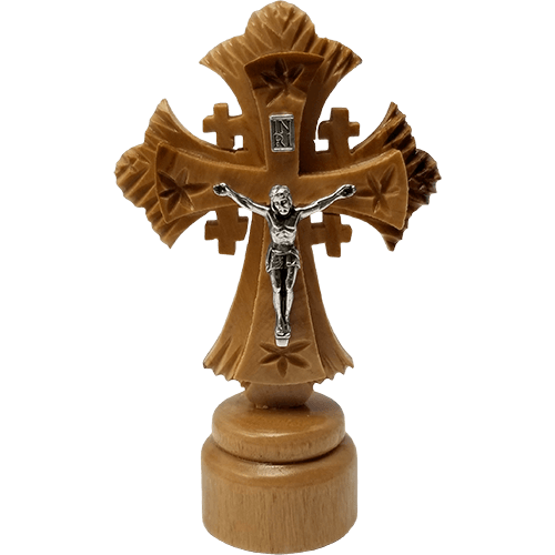 Olive Wood Jerusalem Cross Crucifix on Stand - Small