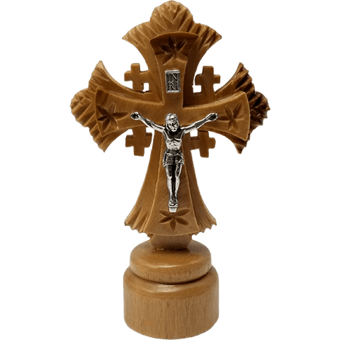 Olive Wood Jerusalem Cross Crucifix on Stand - Small