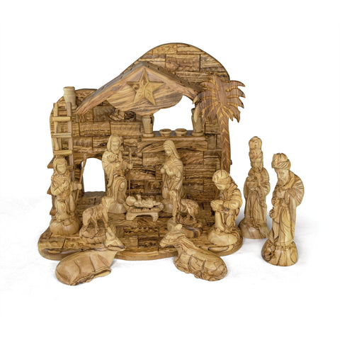 Holy Land Olive Wood Nativity with Large Stable and Detailed Figurines