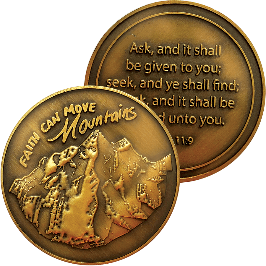 Faith Can Move Mountains Antique Gold Plated Christian Challenge Coin front and back