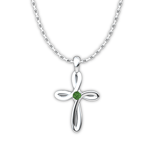 May Emerald Birthstone Swirl Cross Sterling Silver Necklace - 18" Sterling Silver Chain