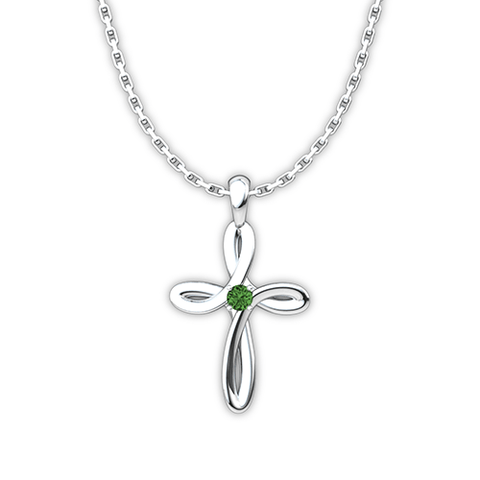 May Emerald Birthstone Swirl Cross Sterling Silver Necklace - 18" Sterling Silver Chain