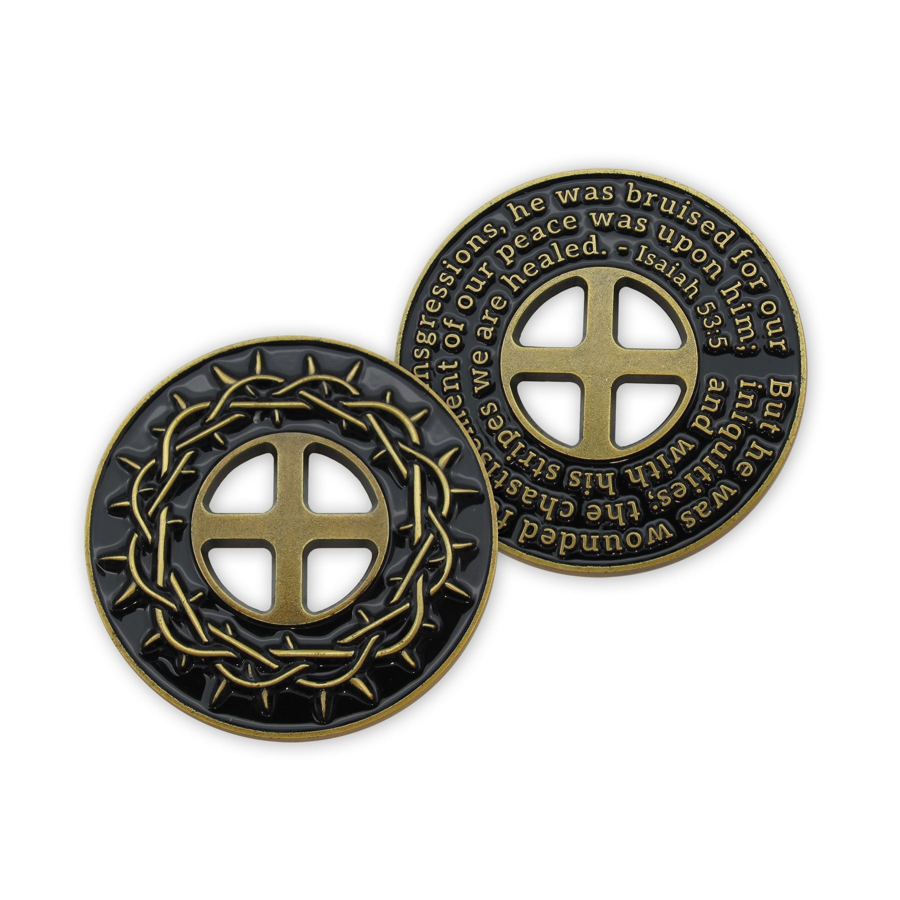 Front and back of Crown of Thorns Antique Gold Plated Challenge Coin