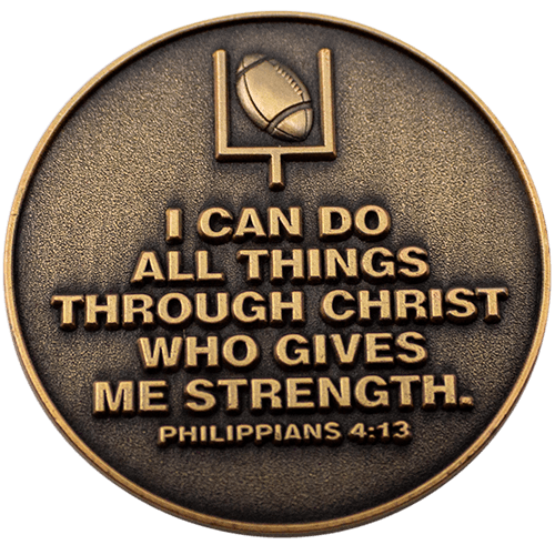 Back: Football within goal posts, with text, "I can do all things through Christ who gives me strength. Philippians 4:13"