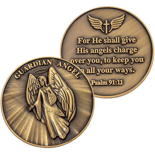 Guardian Angel Christian Antique Gold Plated Challenge Coin front and back