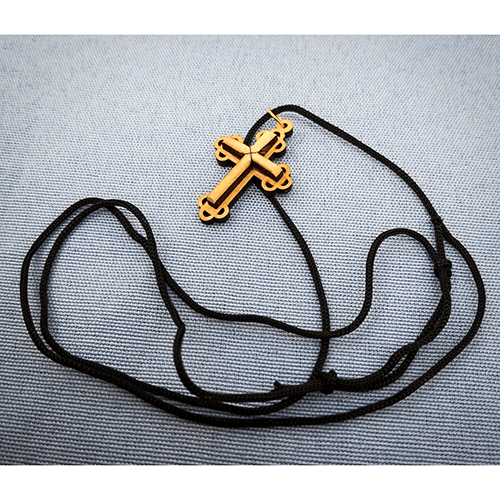 Olive Wood Raised Filigree Bottony Cross Necklace